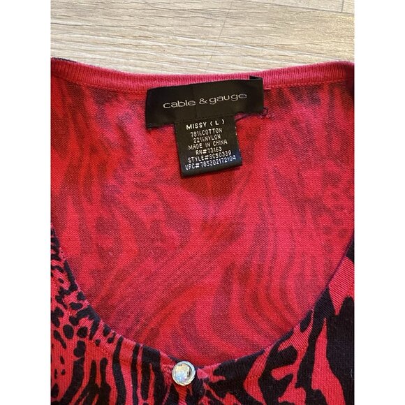 Cable & Gauge L Red Black Animal Print Button Up Cardigan Sweater Rhinestones - Picture 6 of 9